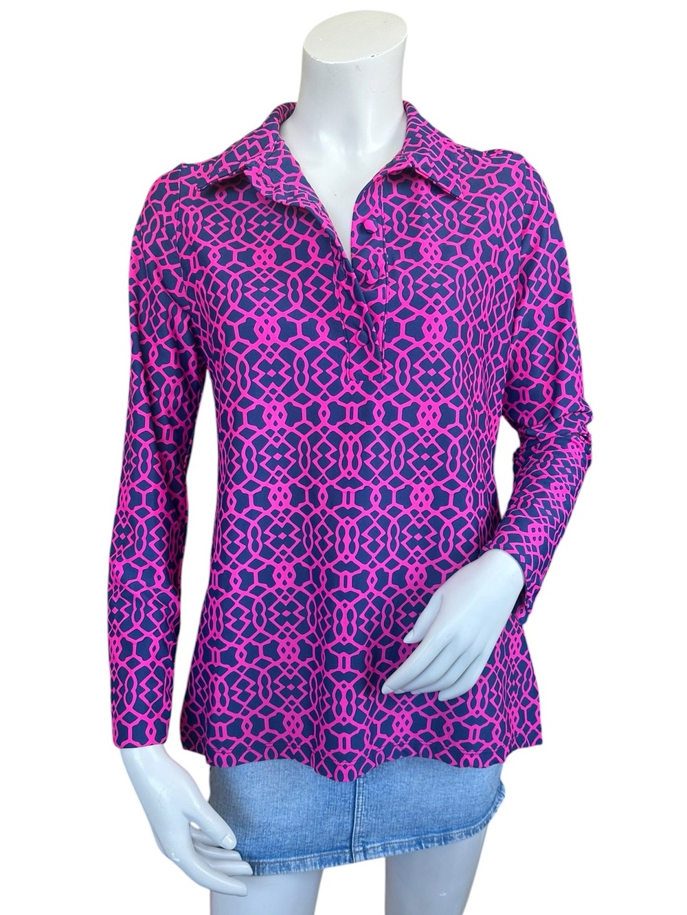 Y2K Jude Connally Navy Blue & Pink Geometric Print 1/2 Button Down Blouse Small